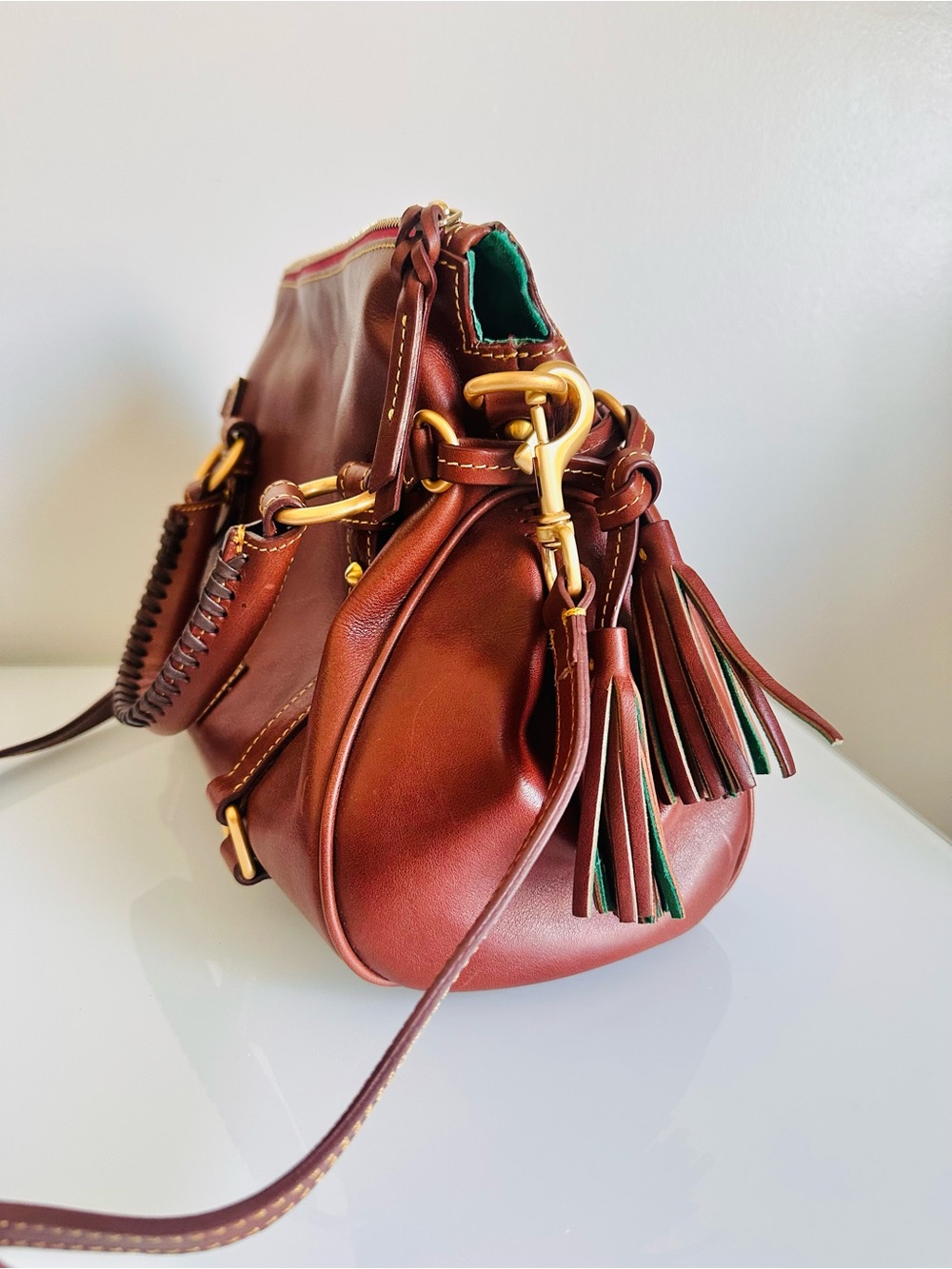 Dooney & Bourke Chestnut Brown Leather Satchel with Gold Hardware and Red Zip - Picture 3 of 6